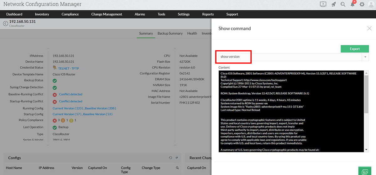Command execution for version details : Show version