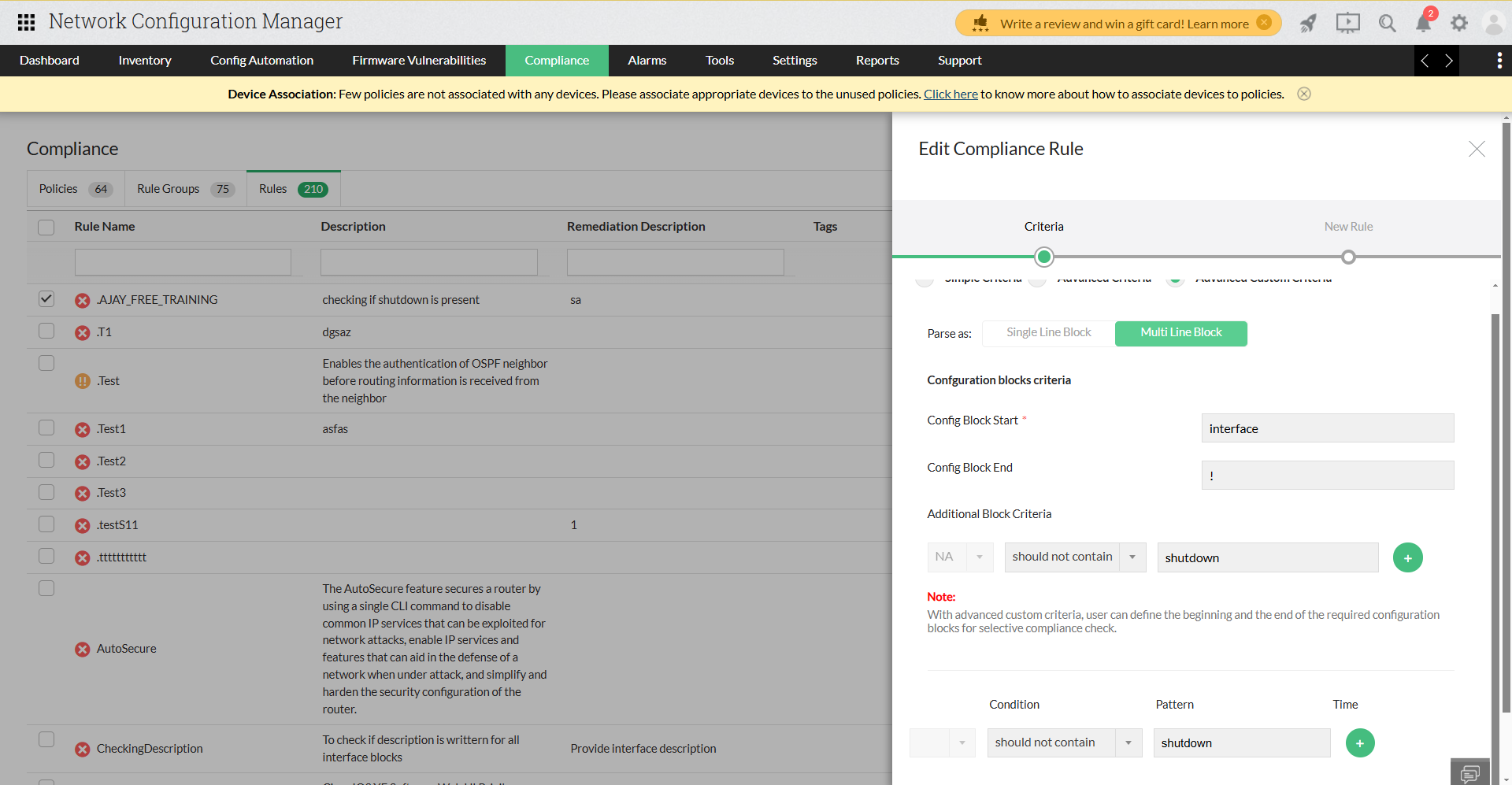 Customize Network Compliance - ManageEngine Network Configuration Manager