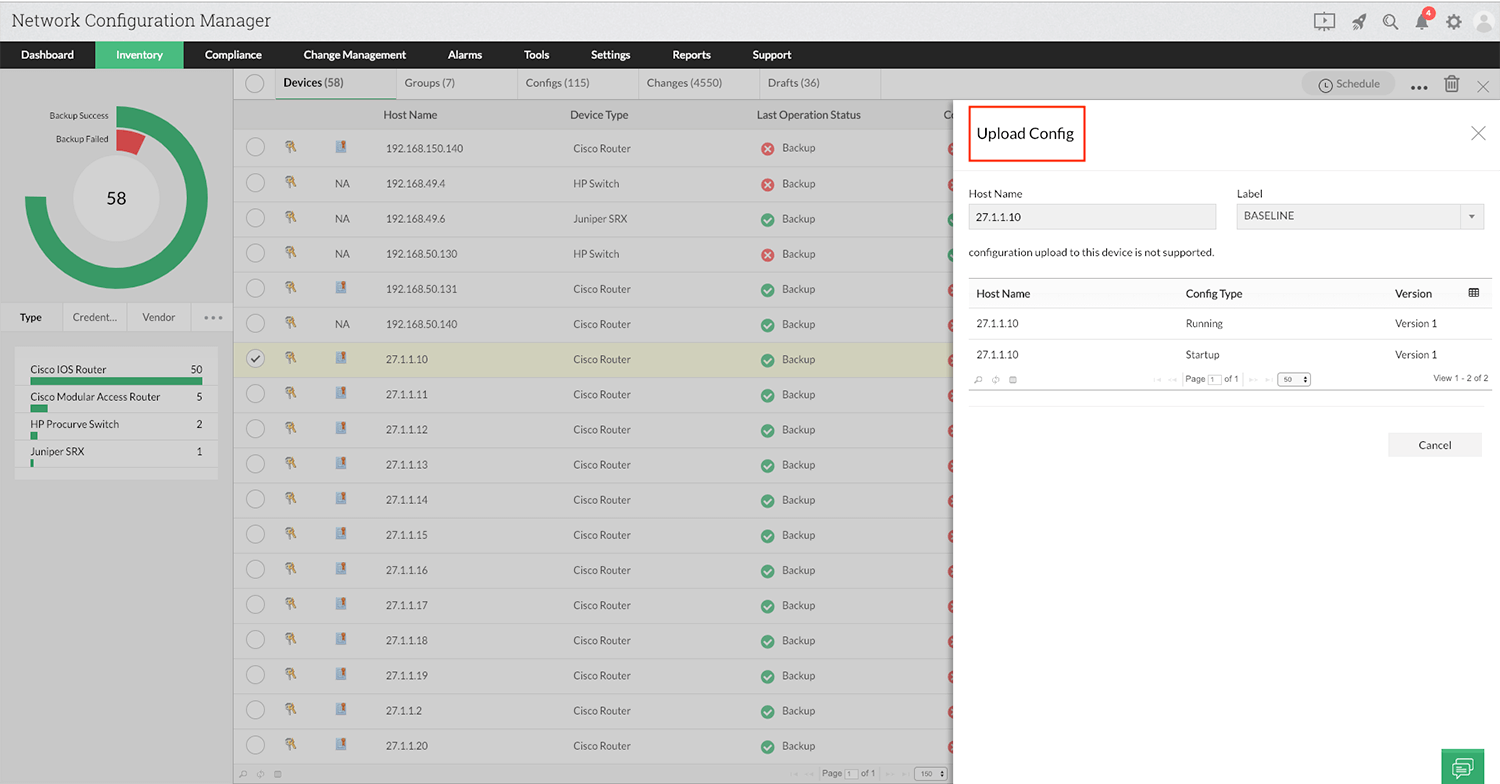 Restore Configuration on Device - ManageEngine Network Configuration Manager