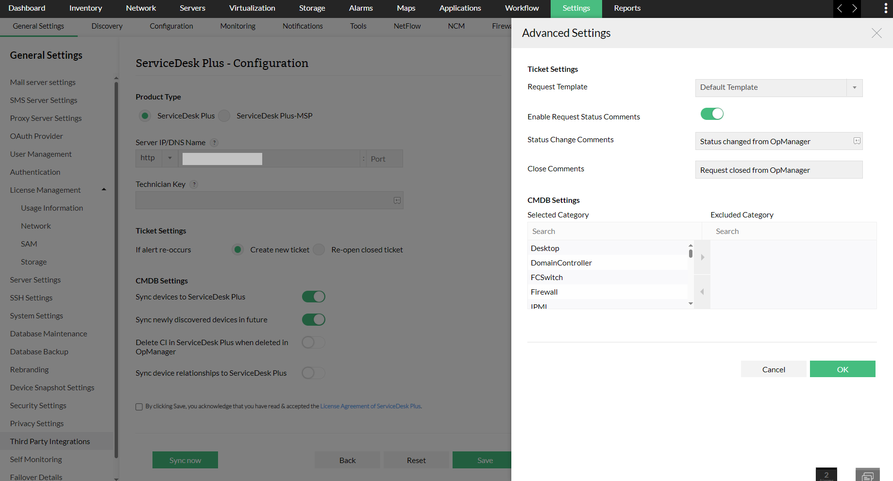 Configuring advanced settings for integrating OpManager with SDP OP.