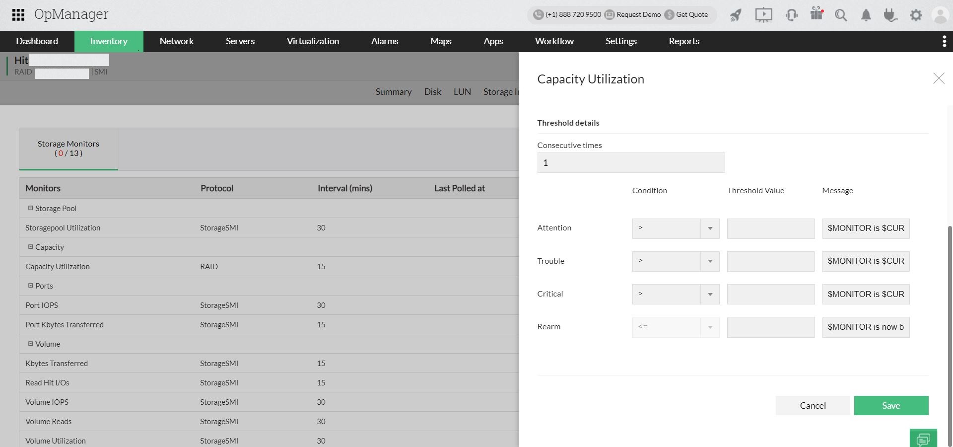 Scheduling alerts on capacity- ManageEngine OpManager