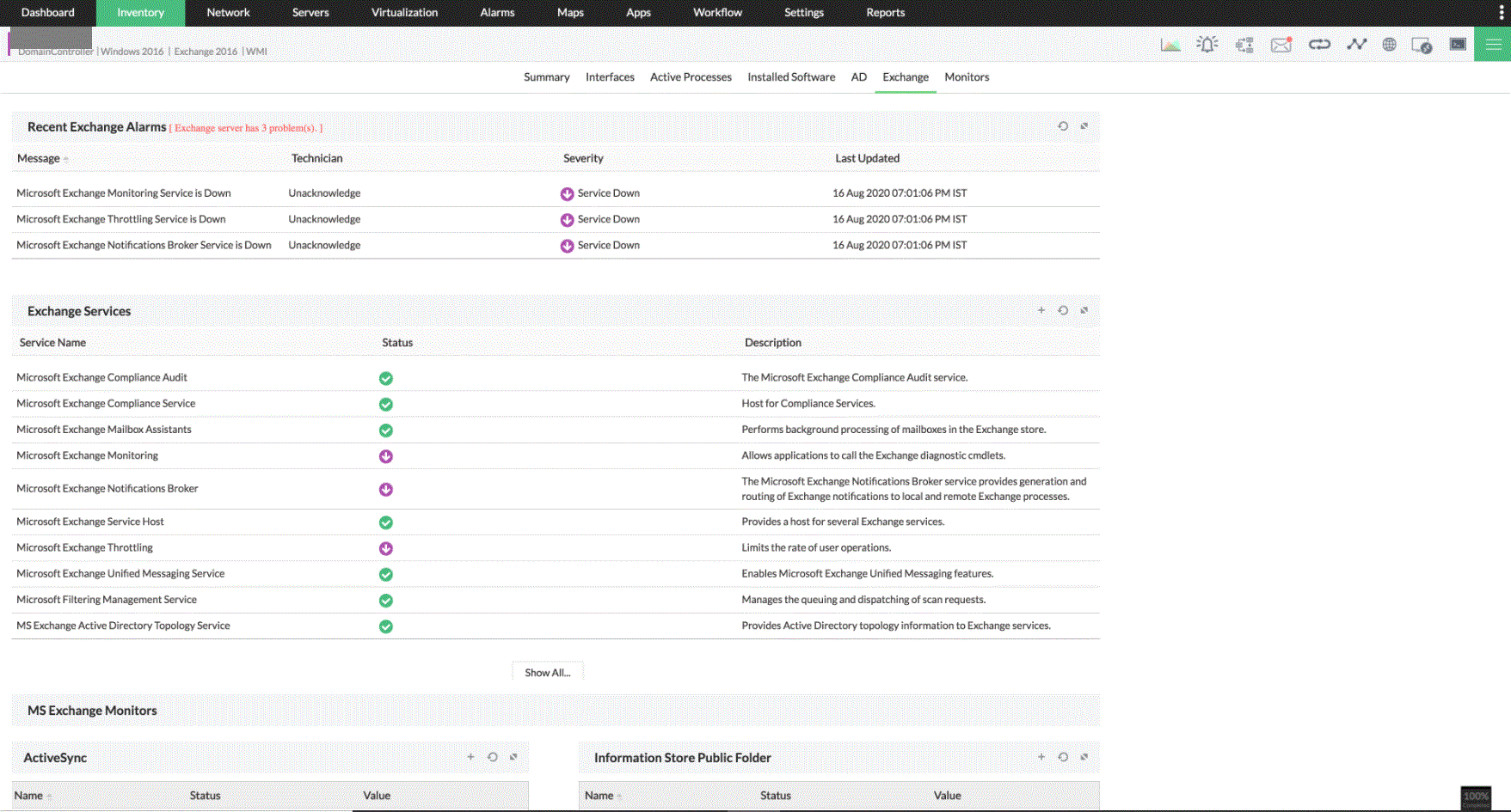 Exchange dashboard  - ManageEngine OpManager