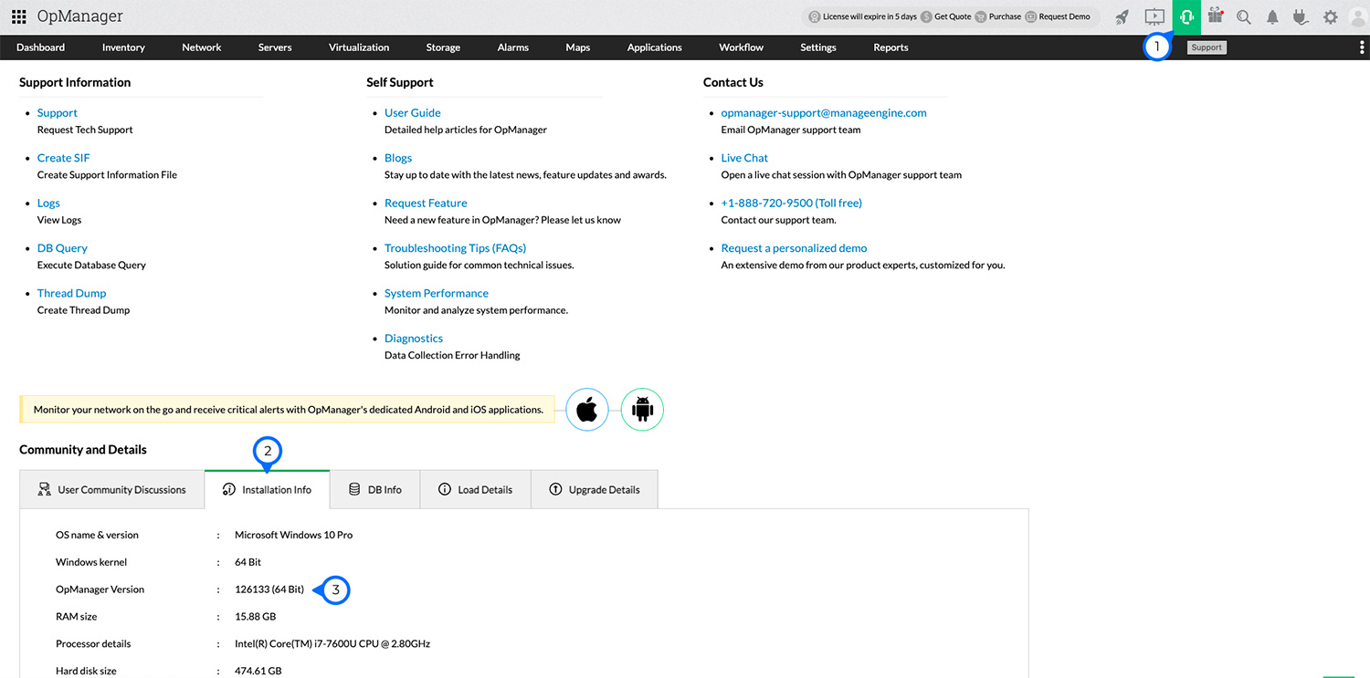 Locate OpManager Build number