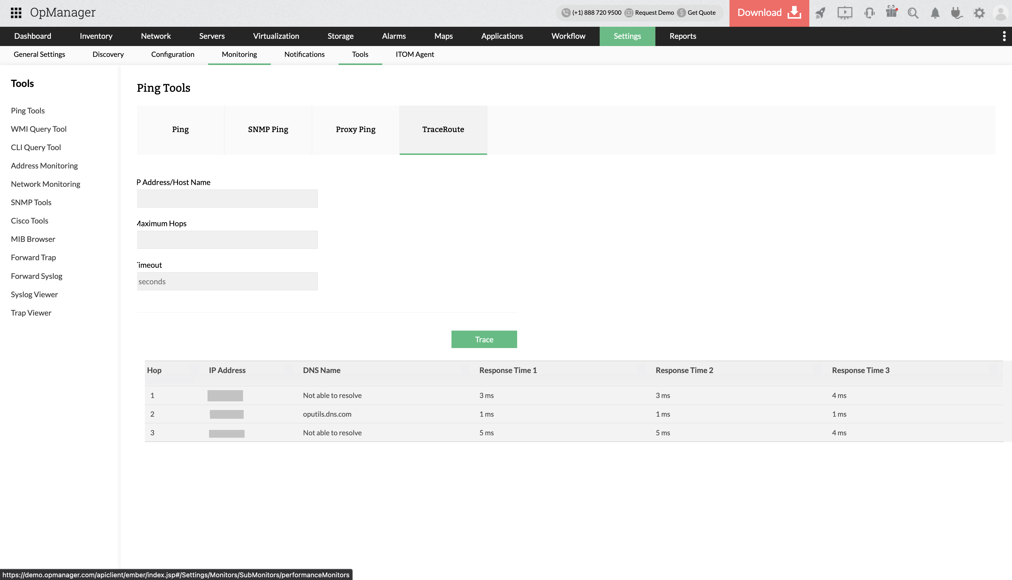 Traceroute tool - ManageEngine OpManager