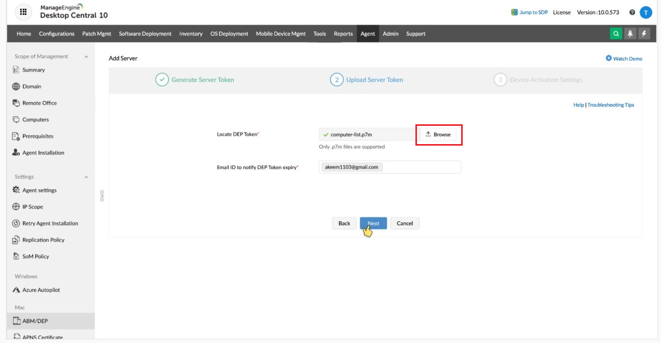 Upload server token from ABM portal