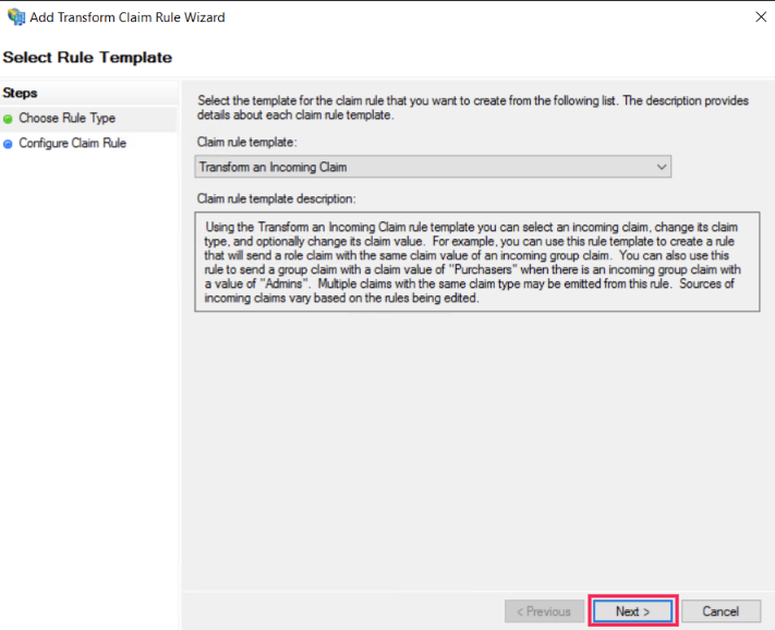 next choose transform and incomain claim
