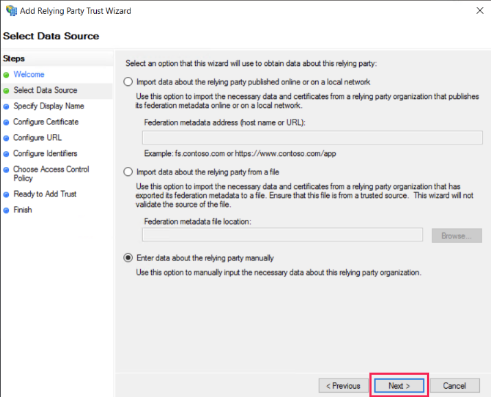  Enter data about the relying party manually Next button