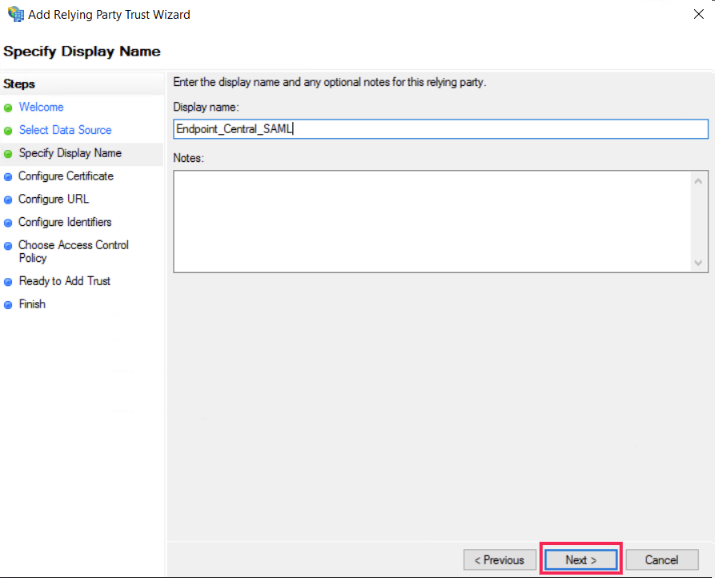 Enter an appropriate Display name page