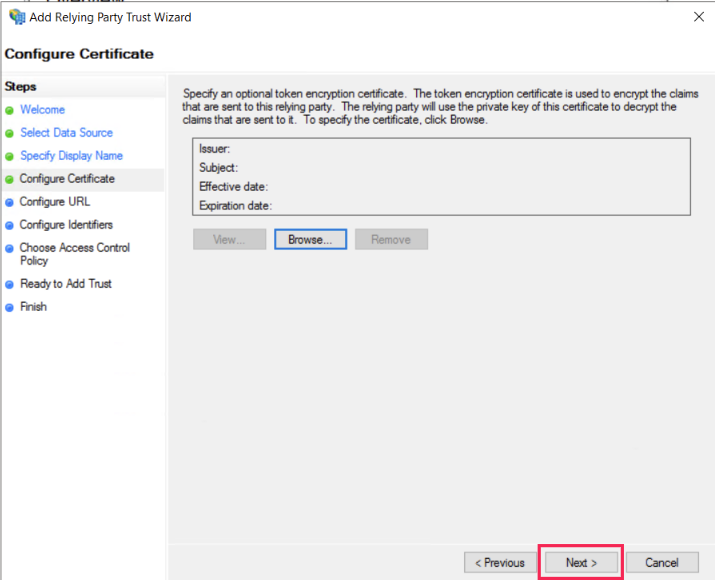 configure certificate next button