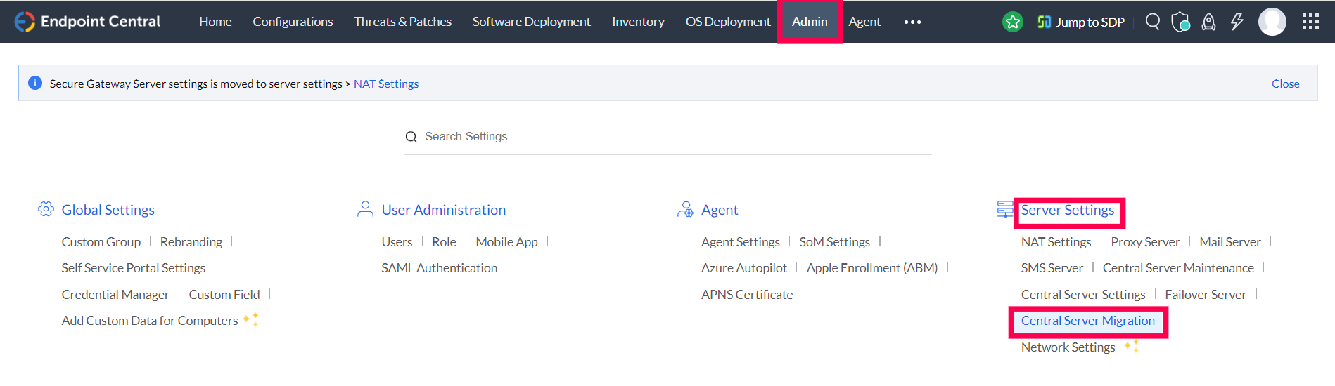 Central Server Migration option in Admin settings