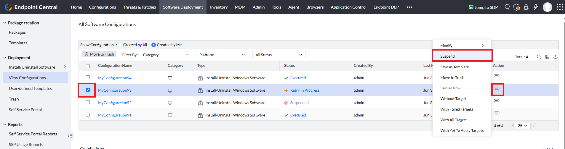 Suspend configuration navigation