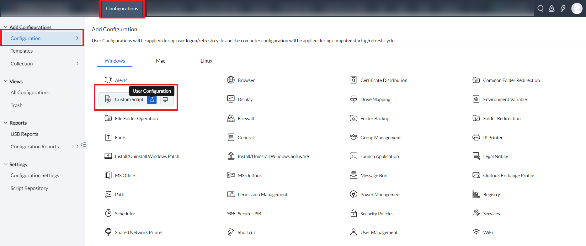 user custom script config navigation