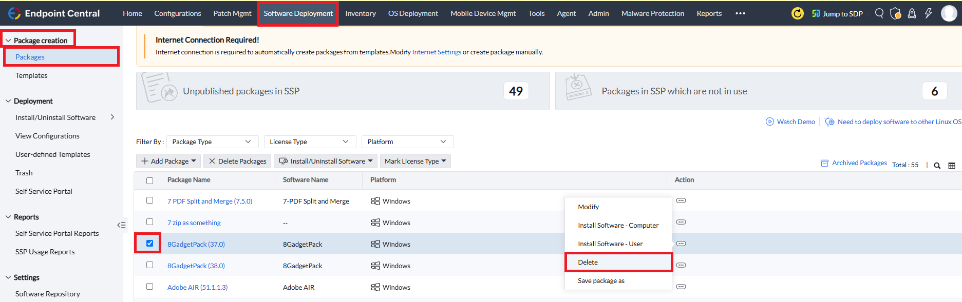 Windows delete package