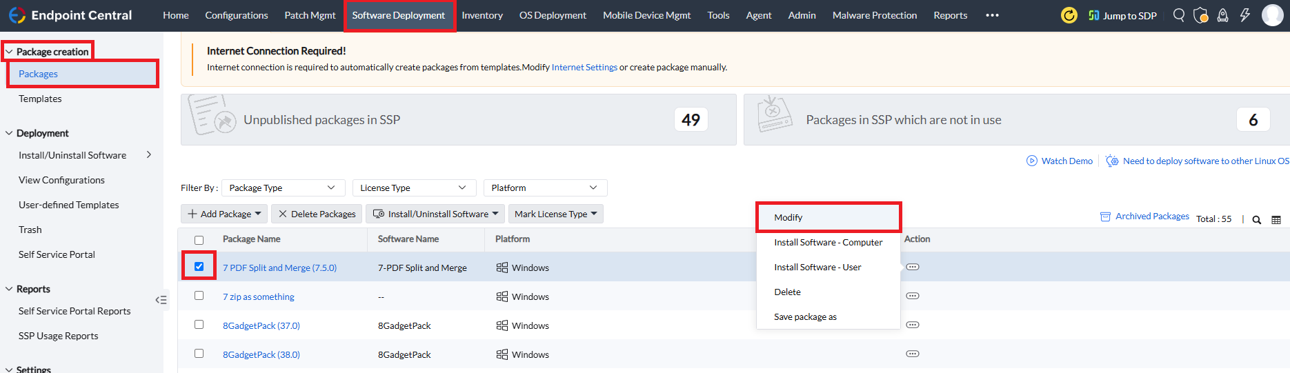 Windows modify package