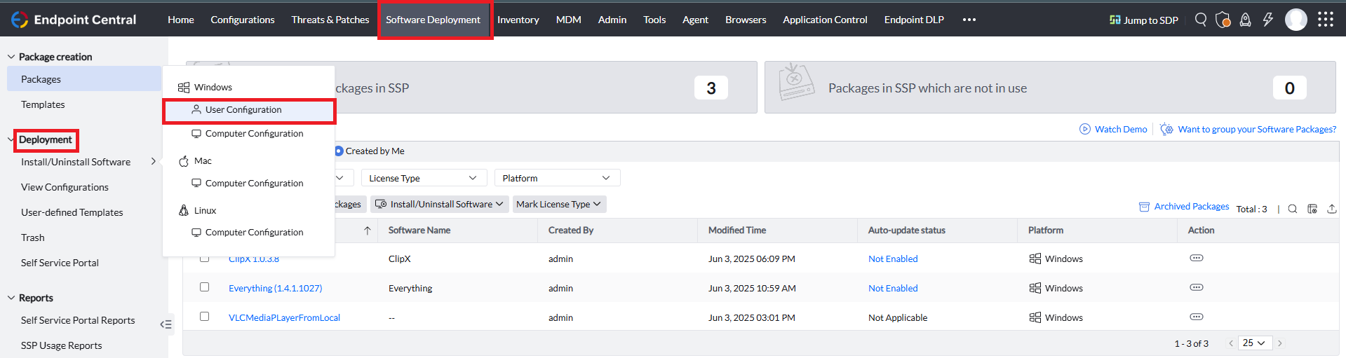 Windows User Software Deployment configuration navigation