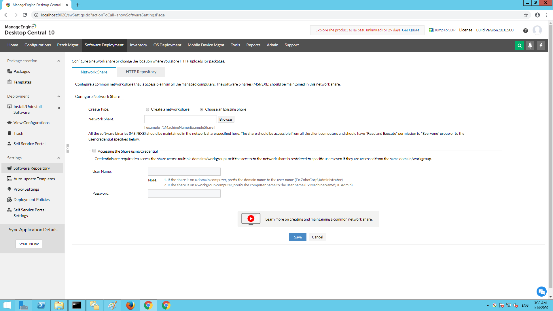 Navigating to Network Share in Software Repository in Endpoint Central.