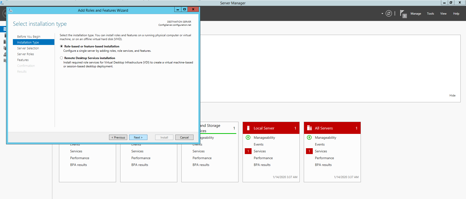 Selecting Installation type as Role-based or feature based installation from the Server Manager tool's Add Roles and Features Wizard 