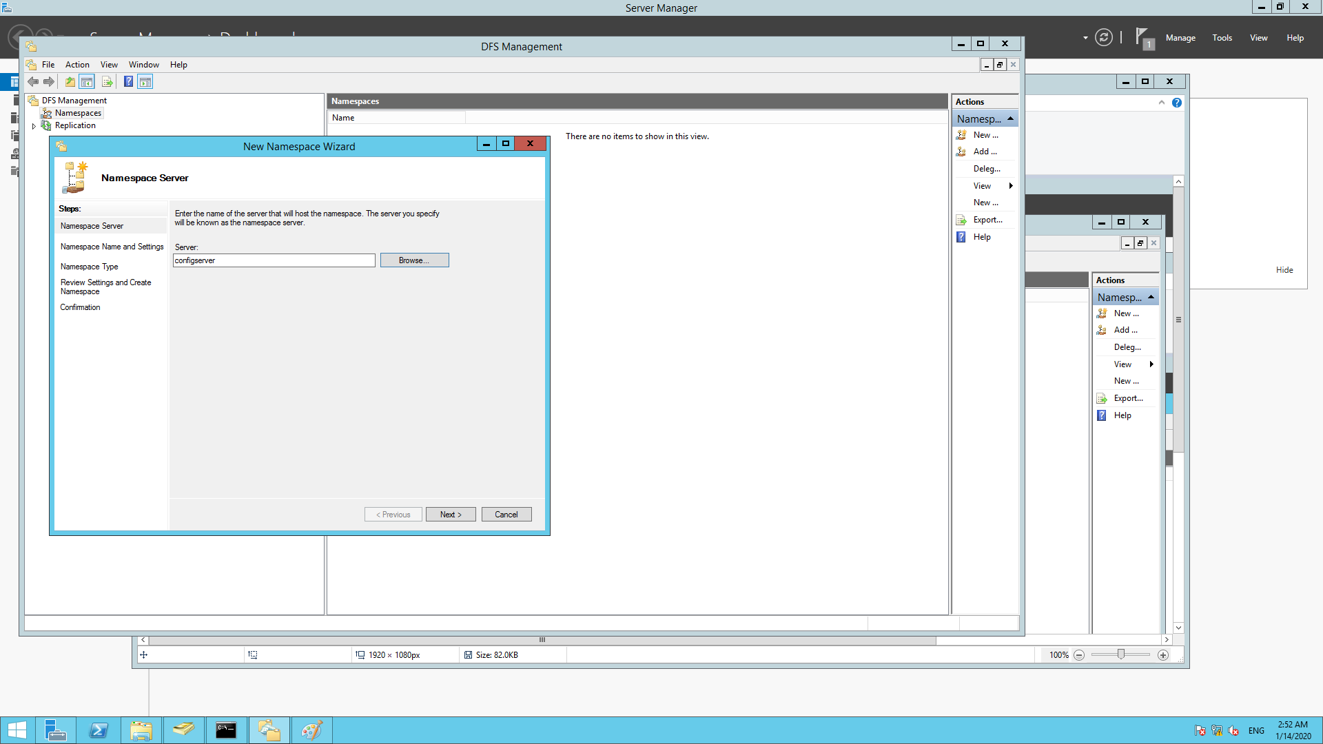 Entering the server's name that will host the namespace.