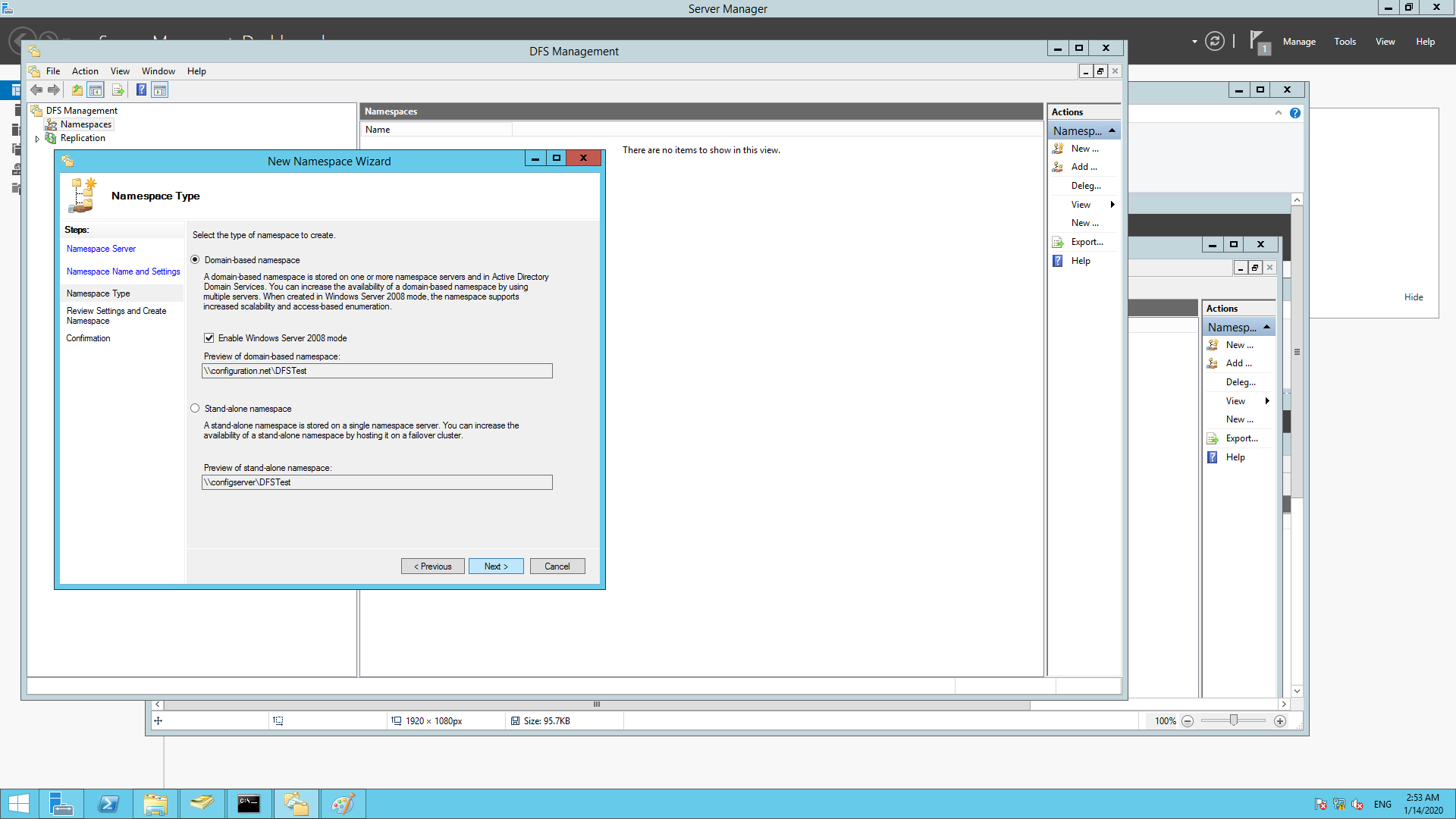 Choosing the type of namespace.