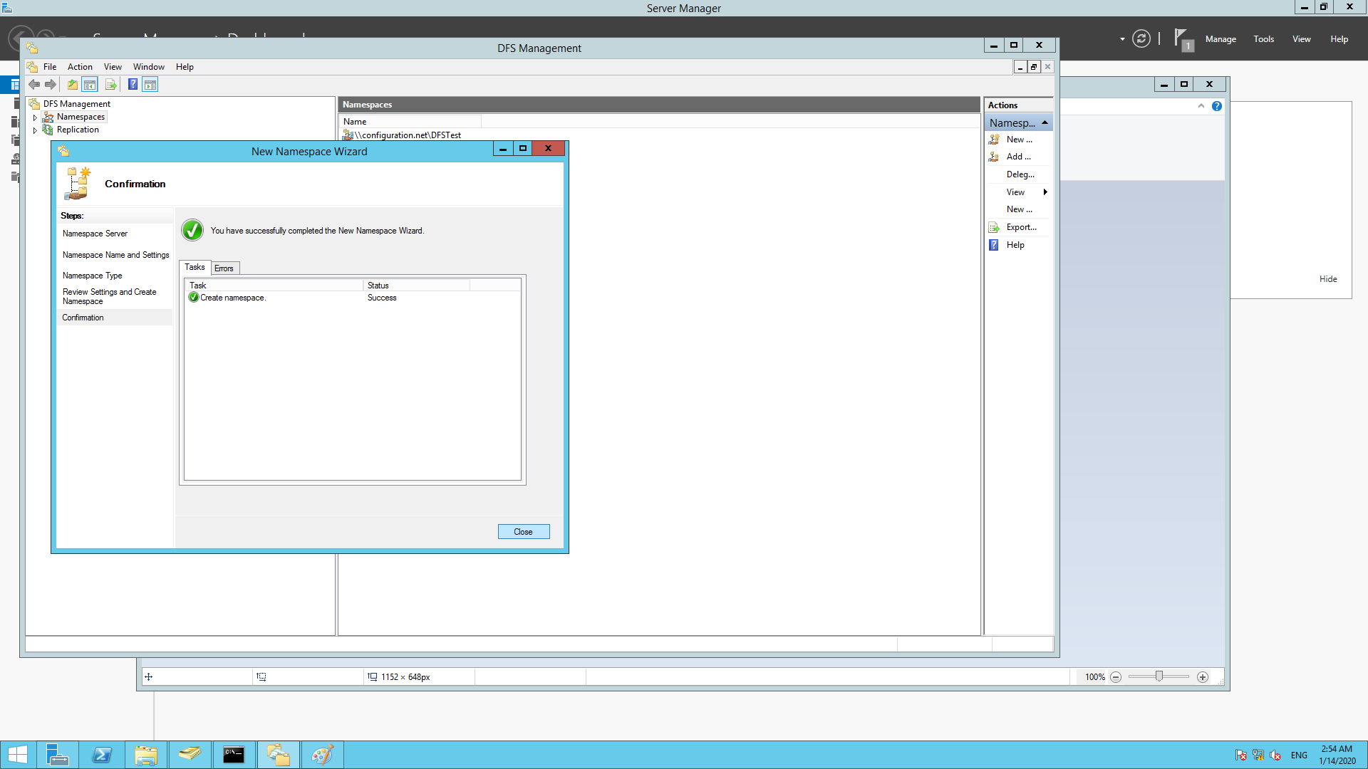 Confirmation window showing the summary for the newly created  Namespace