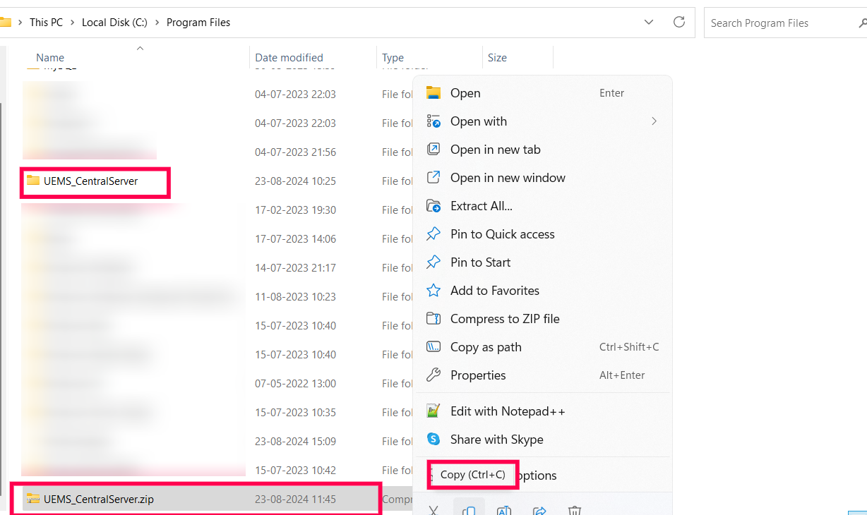 Zipping and transferring the Central Server installation directory