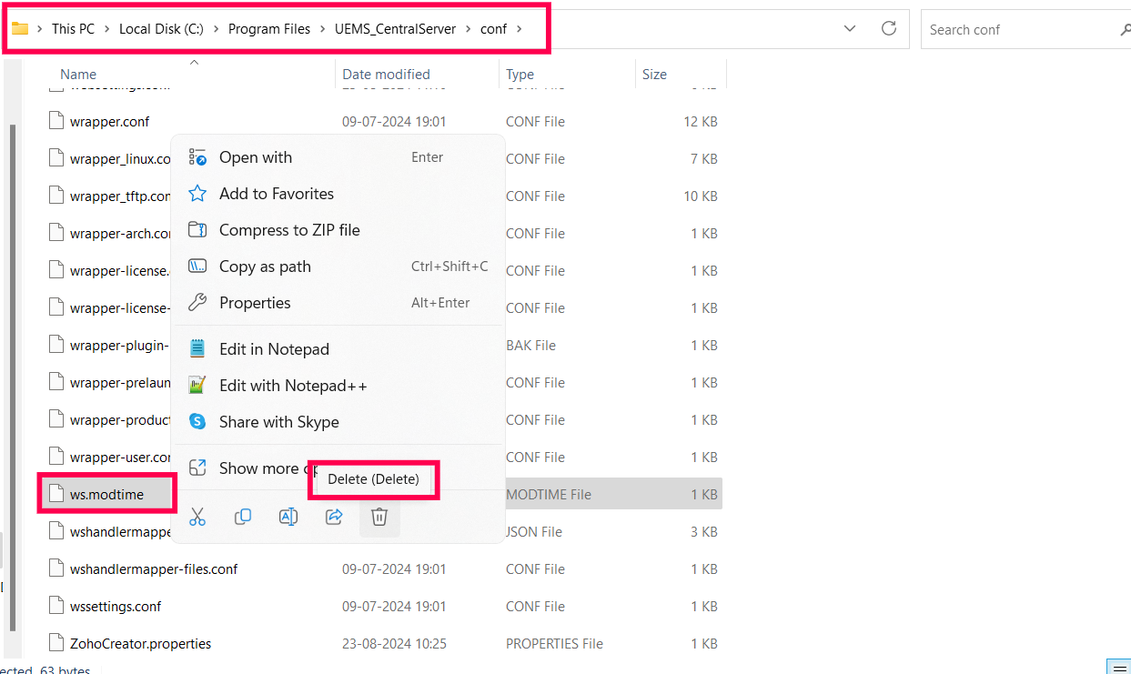 Deleting ws.modtime file after extracting Central Server directory