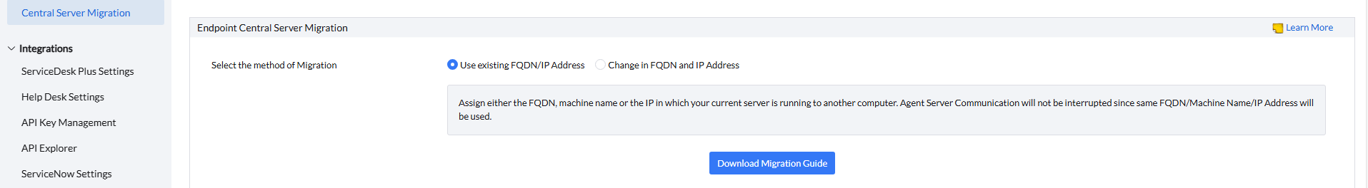 Selecting FQDN/IP method for Central Server migration