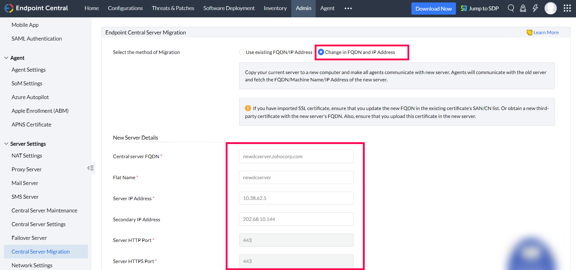 Selecting FQDN/IP method for Central Server migration