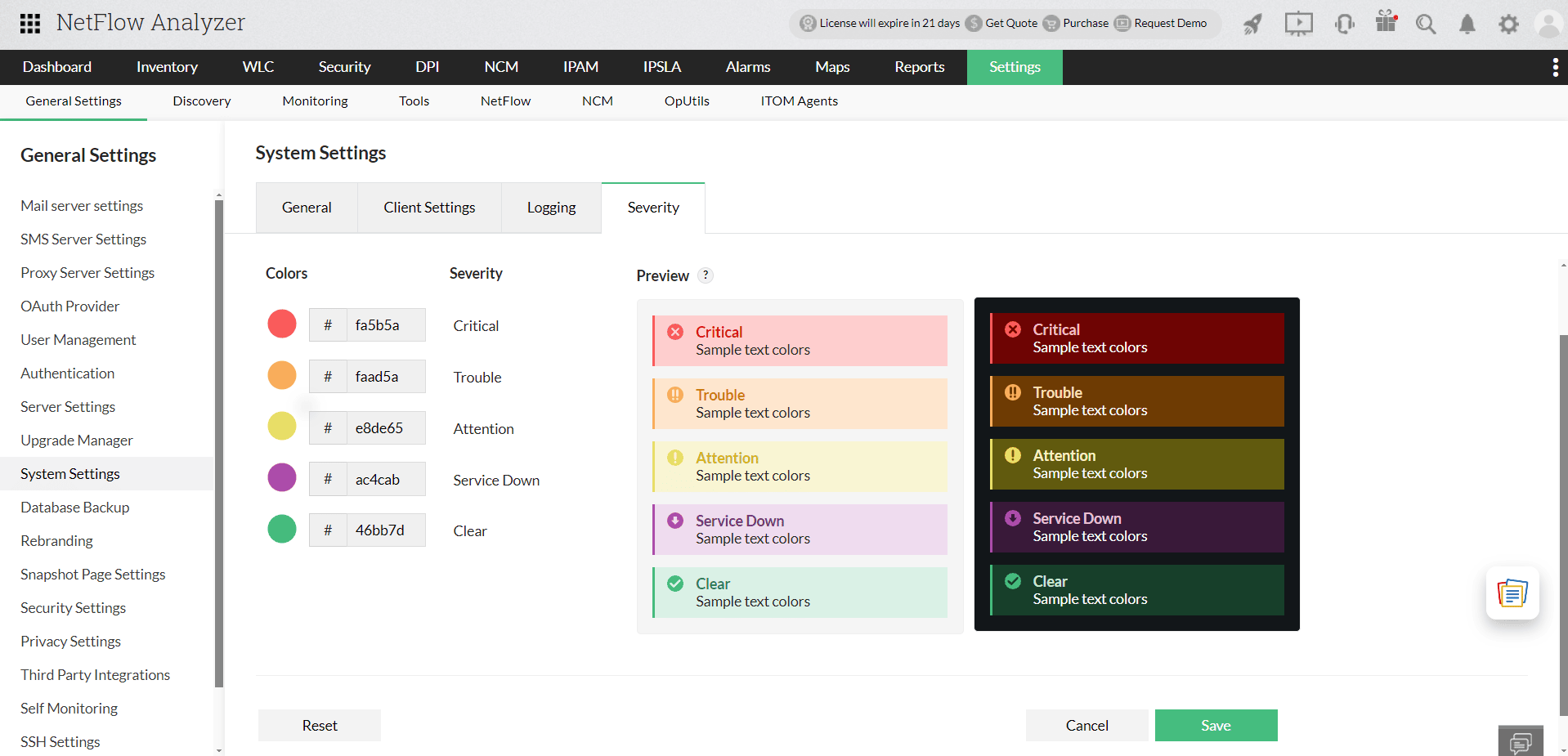 Severity Color Settings Severity Color Settings in NetFlow Analyzer- System Settings
