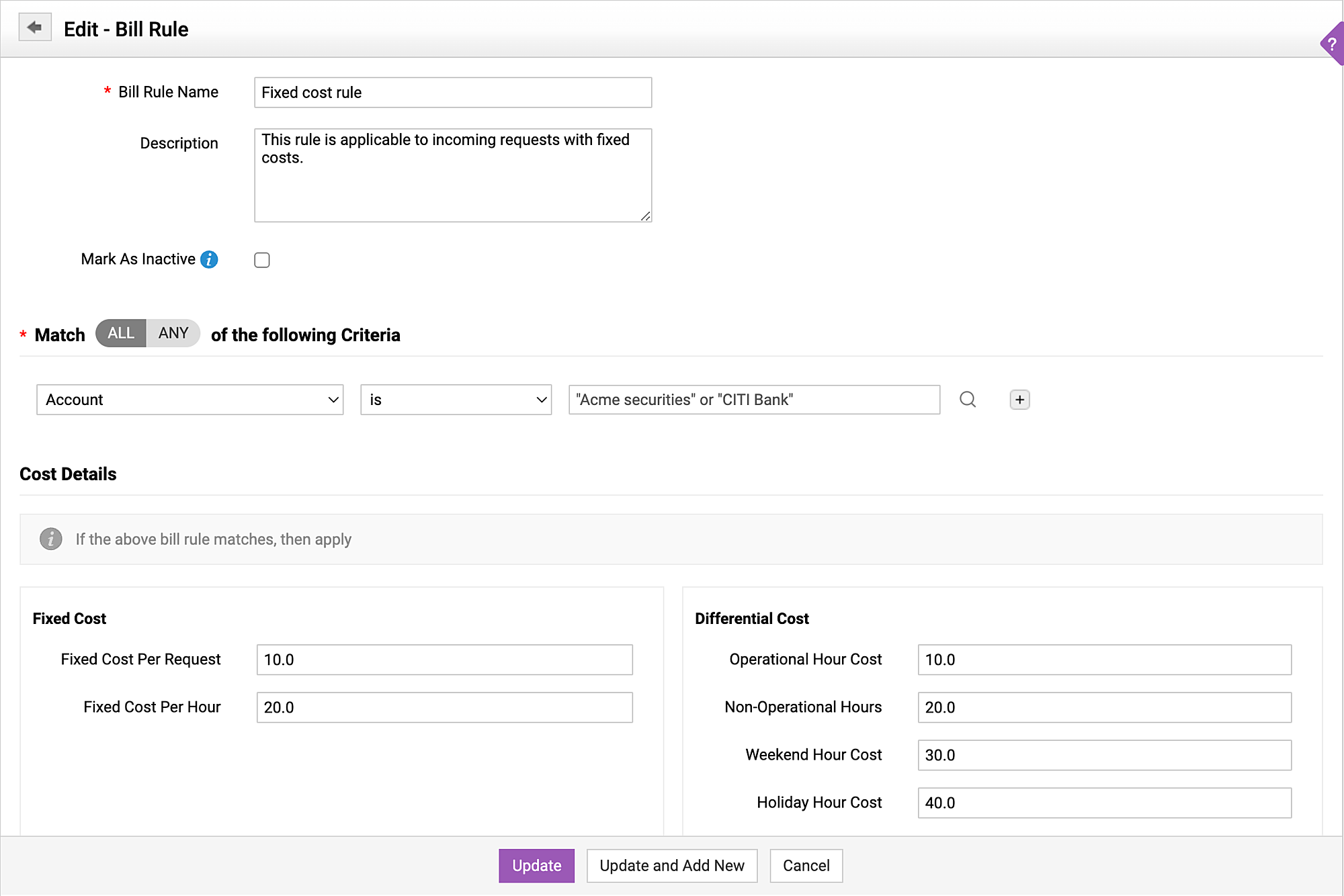 Bill Rule configuration in ServiceDesk Plus MSP