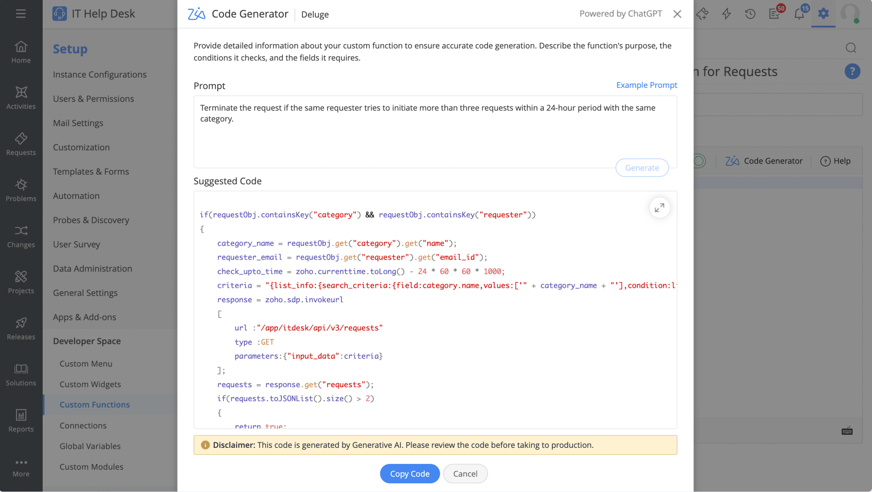 Low-code ITSM code generator