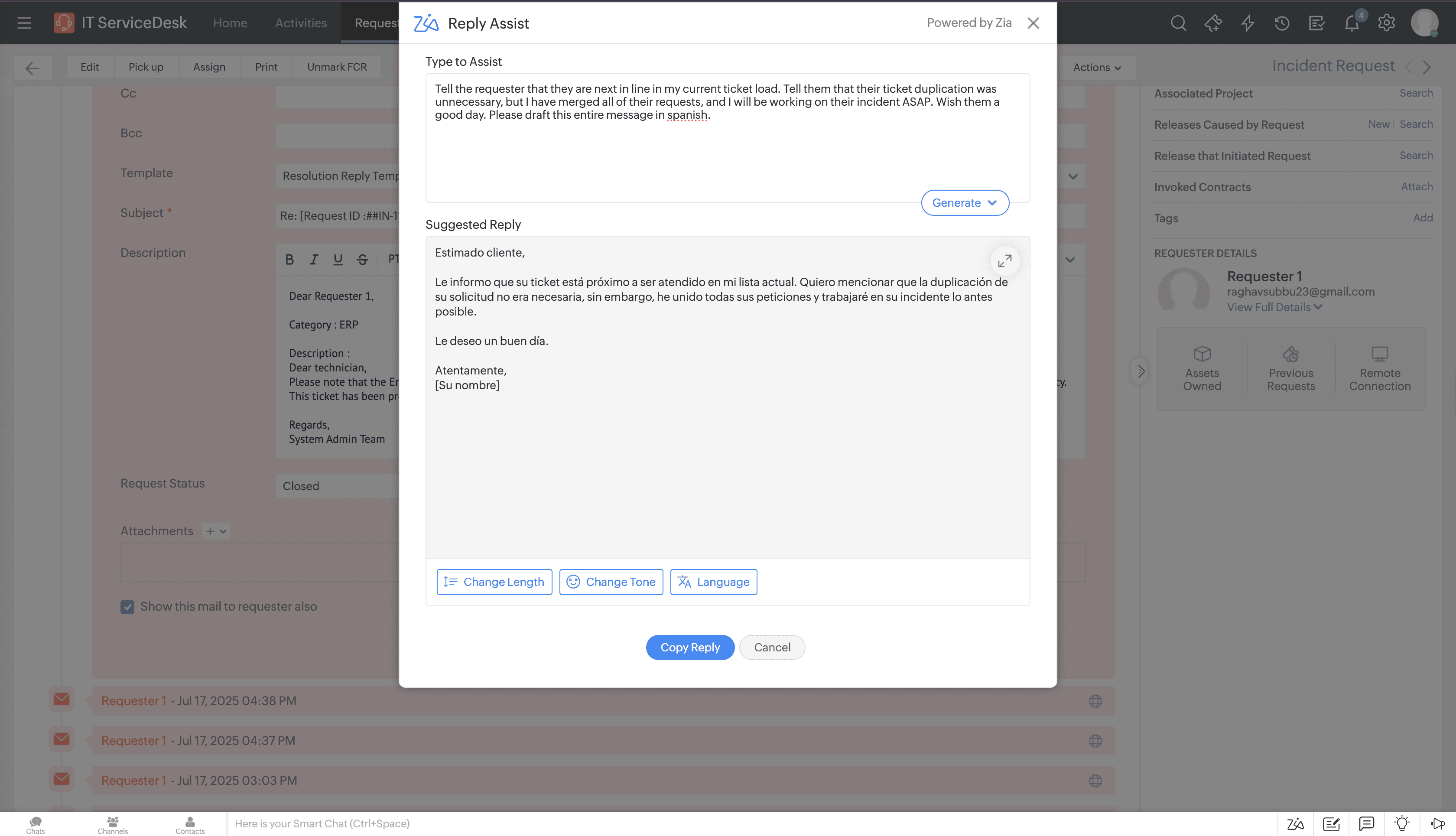 Multilingual ITSM reply assist