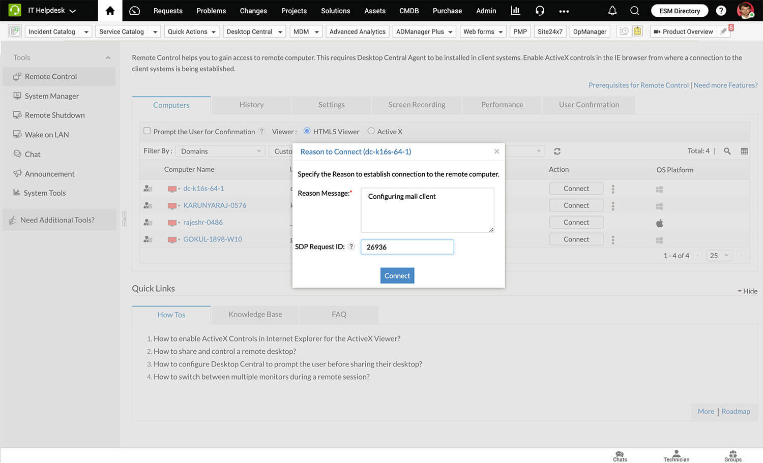 Help desk software with desktop management