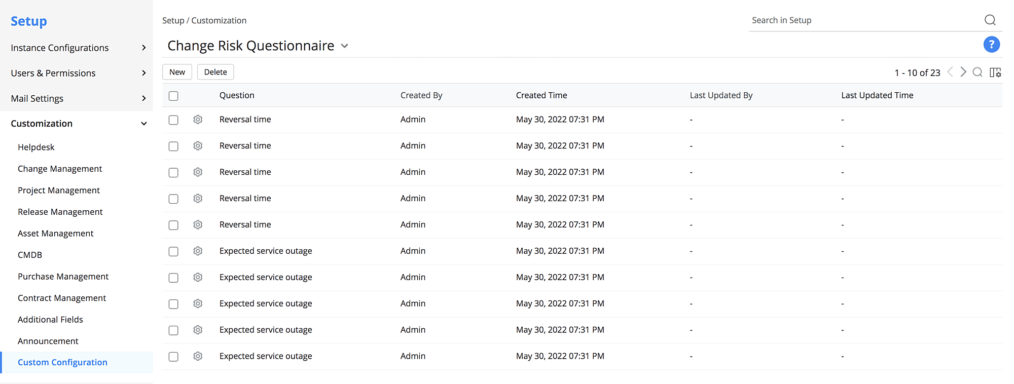 Change risk questionnaire configuration