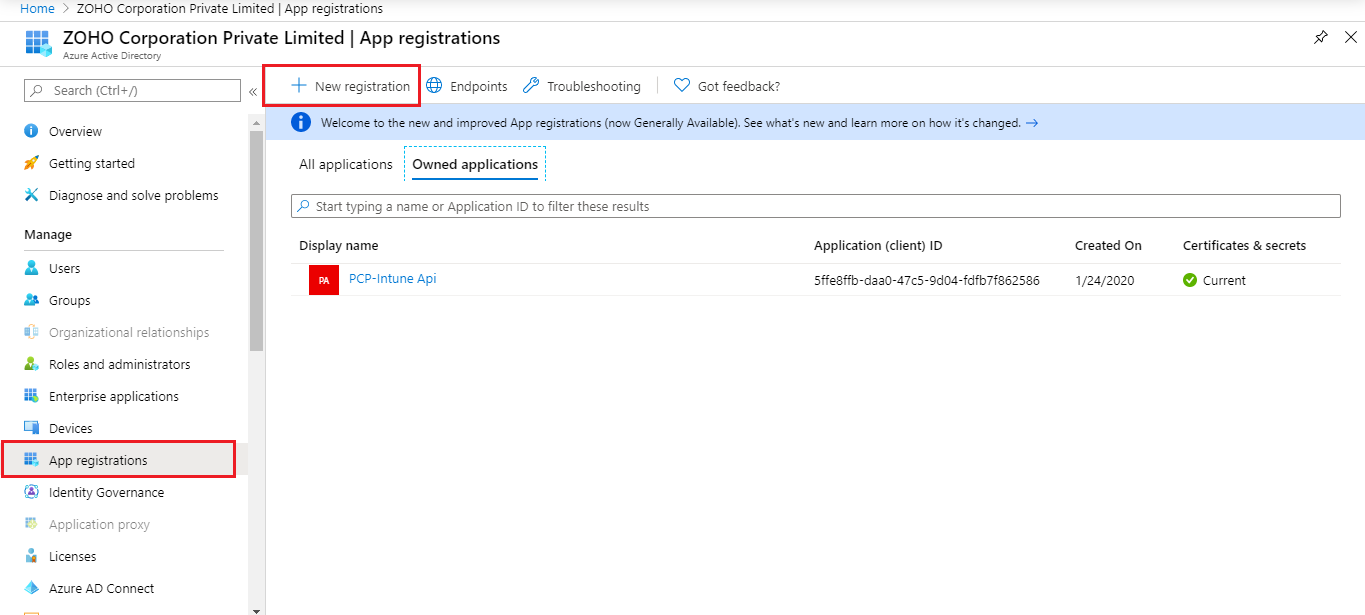 Intune application registration
