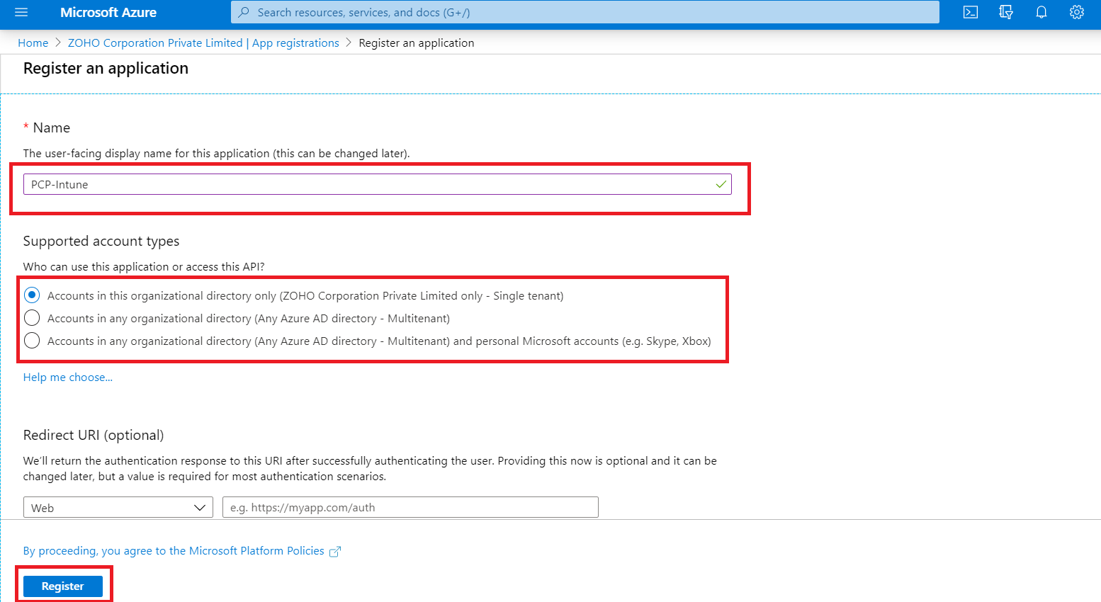 Intune application registration