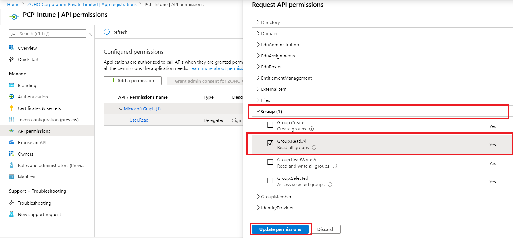 Adding API permissions